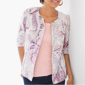 Chico’s Cream Pink Blue Linen Zip-up Jacket 3/4 Length Sleeves